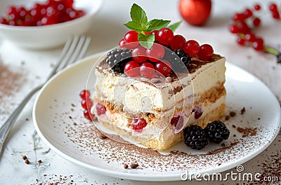 Tiramisu topped with berries Stock Photo