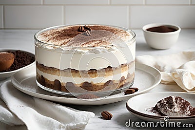 Tiramisu topped with a creamy blend of mascarpone, sugar, vanilla Stock Photo