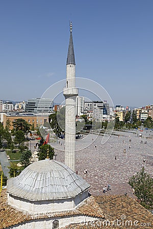 Tirana, Albania, July 8 2019: Aerial view on the Skanderbeg square with the Ethem Bey mosque in the foreground in Tirana Editorial Stock Photo