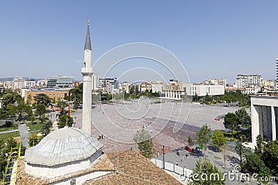 Tirana, Albania, July 8 2019: Aerial view on the Skanderbeg square with the Ethem Bey mosque in the foreground in Tirana Editorial Stock Photo