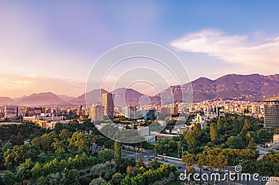 Areal view of Tirana city center at sunset. Editorial Stock Photo