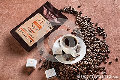 Tiraspol, Moldova - February 23, 2021: Sidamo coffee package from Ethiopia, 100% Arabica, Barista Coffee brand, Barista sweets, Editorial Stock Photo