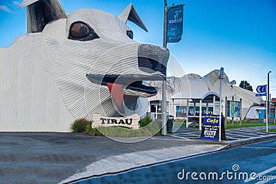 TIRAU, NEW ZEALAND - SEPTEMBER 2018: View of Tirau. Large corrugated iron buildings constructed to look like a sheep, dog and ram Editorial Stock Photo