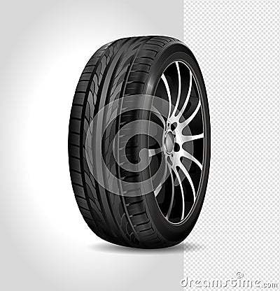 Tire car isolated on white background. Car wheel. Black rubber tire. Realistic shining d Vector Illustration