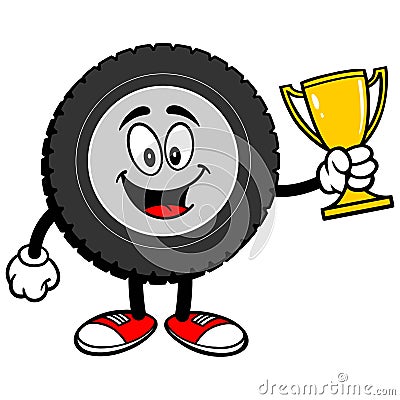 Tire Cartoon with Trophy Vector Illustration