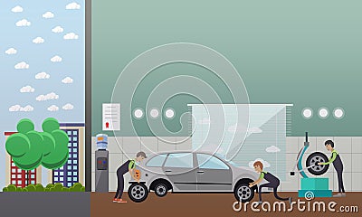 Tire change, auto service concept vector illustration in flat style Vector Illustration