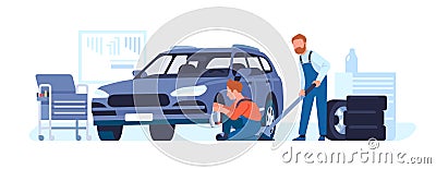 Tire fitting. Automobile workshop. Mechanic changing tyre. Repair service. Workman fixing transport maintenance. Auto Vector Illustration