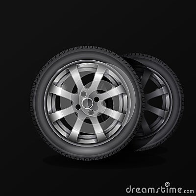 Tire fitting service poster, car wheel tyre with alloy wheel rim on black background Stock Photo