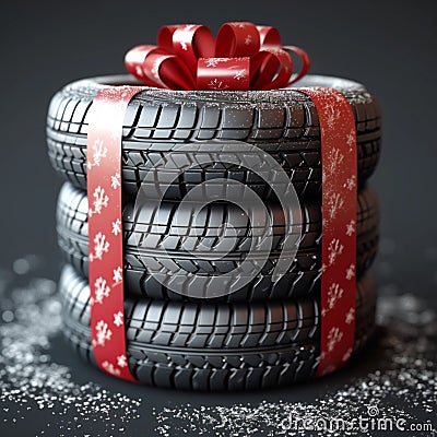 Tire gift 3D icon of tires with a red ribbon Stock Photo