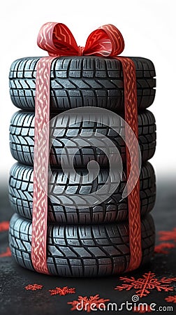 Tire gift 3D icon of tires with a red ribbon Stock Photo