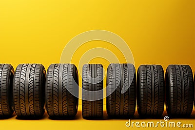 Tire row elegance Yellow background adorned with a neat row of tires Stock Photo