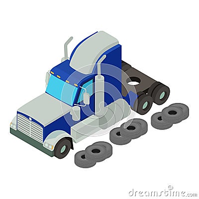 Tire service icon isometric vector. Semi trailer truck near new automobile tire Vector Illustration