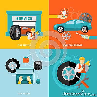 Tire Service Set Vector Illustration