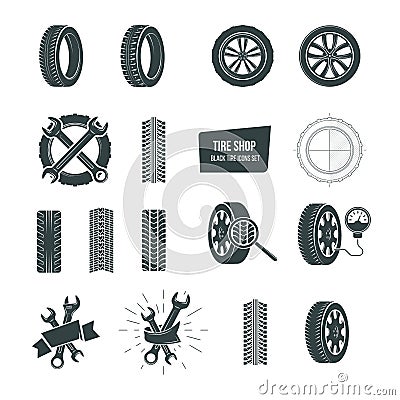 Tire shop concept. Black tire icons set. Service, diagnostics, replacement. Vector Illustration