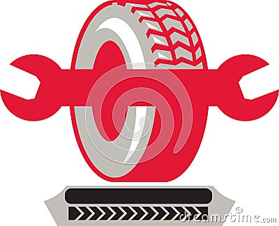 Tire With Spanner Wrench Retro Vector Illustration