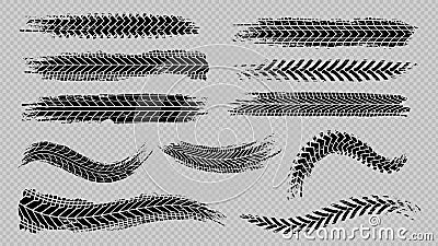 Tire trace track. Abstract wheels braking distances, tread silhouettes brushes. Isolated car or motorcycles vector Vector Illustration