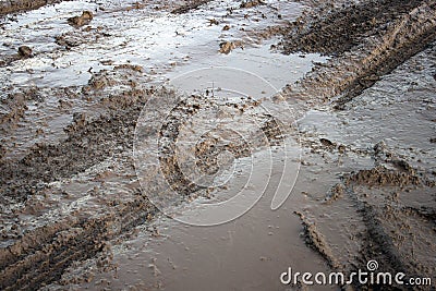 Tire track in puddle mud Stock Photo