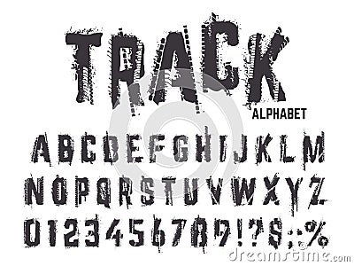 Tire tracks alphabet. Grunge texture treads letters and numbers, typography car wheel tire tracks lettering abc isolated Vector Illustration