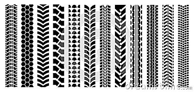Tire tracks black isolated silhouettes set. Tires tread shapes, car wheel stamp. Motorcycle tyres protectors prints Vector Illustration