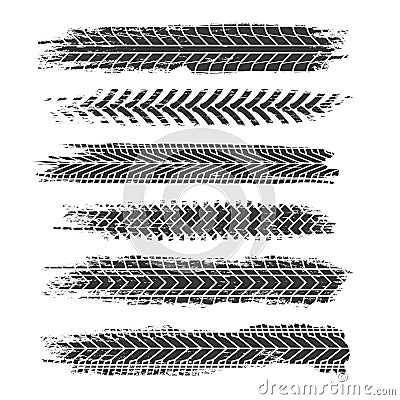 Tire tracks. Motorcycle, car and truck dirty grunge road tire prints. Tread automobile vector isolated set Vector Illustration