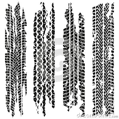 Tire tracks set with dirty grunge texture. Wheel tyre tread print. Vector illustration Vector Illustration