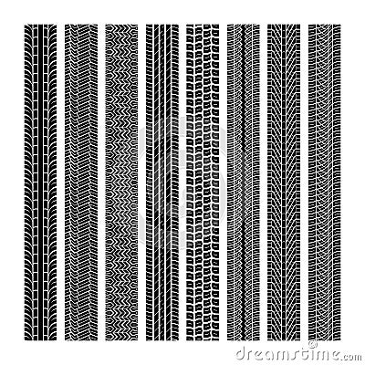 Tire tracks. Tread wheel vehicle thread speed highway motocross trace car road rubber black texture seamless print set Vector Illustration