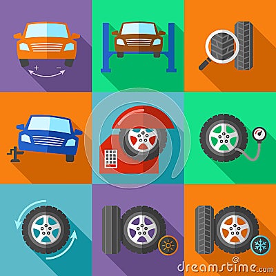 Tire wheel service icons set in flat design style Vector Illustration