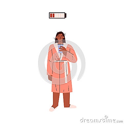 Tired, bored woman in pajamas with a mug of energy drink, vector low energy level of life battery charge indicator Vector Illustration