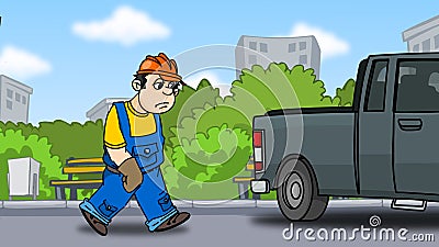 Tired builder goes to the car Stock Photo