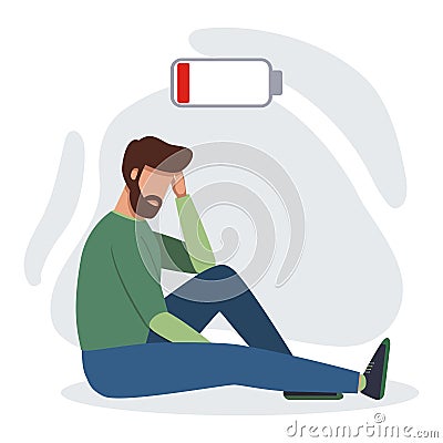 Tired burnout man sitting on the floor Vector Illustration