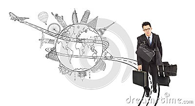 Tired business man pulling all baggages for worldwide trip Stock Photo