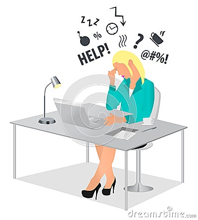 Exhausted woman working at office desk and touching her head. Overworked and tired businesswoman or office worker sitting at the d Vector Illustration