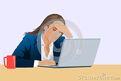 Tired business woman with headache at office, feeling sick at work, copy space. vector Vector Illustration