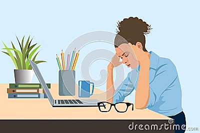 Tired business woman with headache at office, feeling sick at work, vector Cartoon Illustration