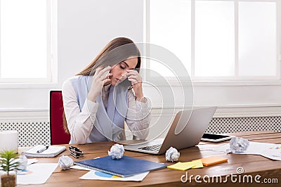 Tired business woman at office copy space Stock Photo