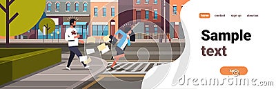 Tired business woman running crosswalk pushing man with coffee cup city street road buildings background horizontal flat Vector Illustration