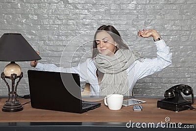 Tired business woman stretches with fatigue Stock Photo