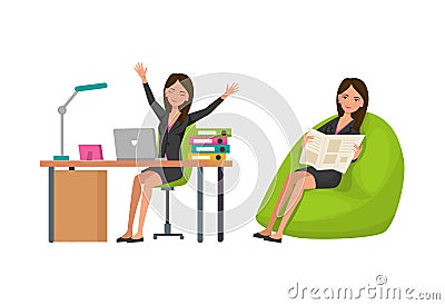 Tired business woman stretching body at workplace, resting in armchair. Work and relaxation set Stock Photo