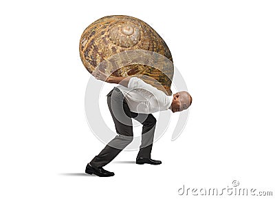 Tired businessman acts like a slow snail Stock Photo