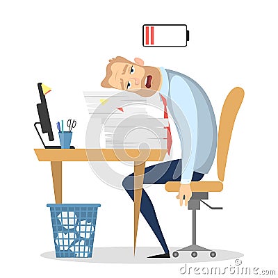 Tired businessman at office. Vector Illustration