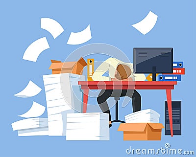 Tired businessman paper work office desk piles of documents Vector Illustration