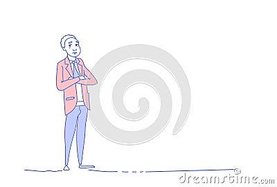 Tired businessman serious business man folded hands isolated male character full length sketch doodle horizontal Vector Illustration