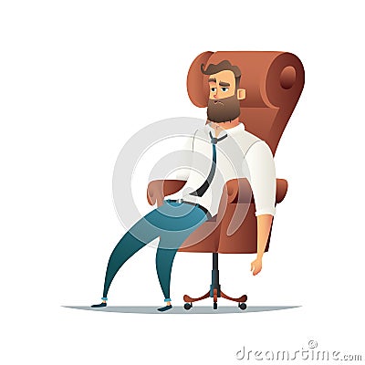 Tired businessman sitting in chair. Exhausted office worker or manager relaxing. Cartoon vector Illustration. Vector Illustration