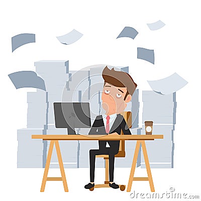 Tired businessman sitting at office desk and pile of paper work. Tired employee and want to help. Deadline concept. Vector Illustration