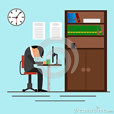 Tired Businessman Sleeping in The Office with a Cup of Coffee Vector Illustration