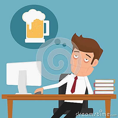 Tired businessman thinking about relax and beer. Vector Illustration