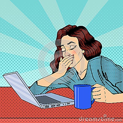 Tired Businesswoman. Exhausted Woman with Laptop. Pop Art Vector Illustration