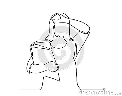 Tired businesswoman holding folders single line. woman feels frustrated expressing distress. One single line drawing of young Stock Photo