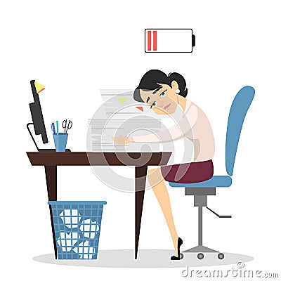 Tired businesswoman at office. Vector Illustration