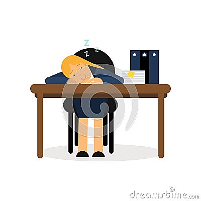 Tired businesswoman sleeping on the office desk, exhausted worker relaxing cartoon vector illustration Vector Illustration